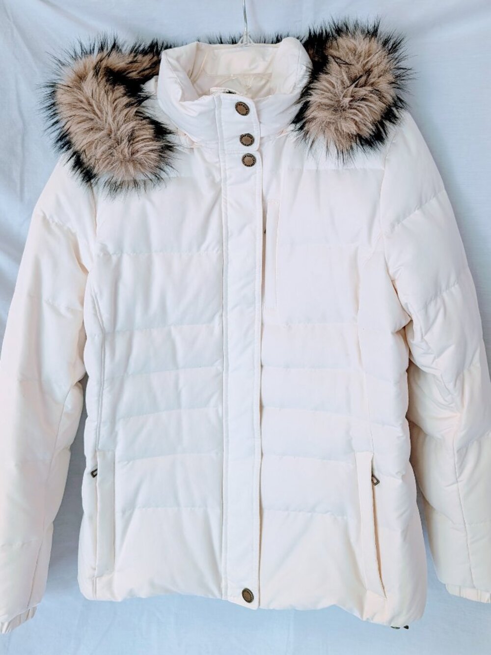 Land's End MP Ivory Down Filled Puffer Jacket Removable Faux Fur Trim Hood